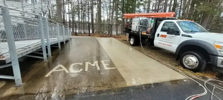 Pressure washing truck cleaning a concrete driveway with ACME lettering visible on the pavement