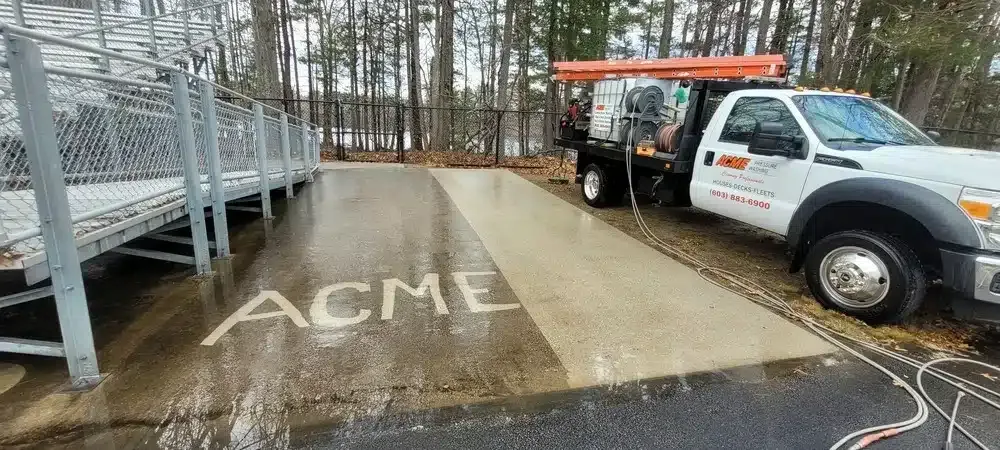 Pressure washing truck cleaning a concrete driveway with ACME lettering visible on the pavement