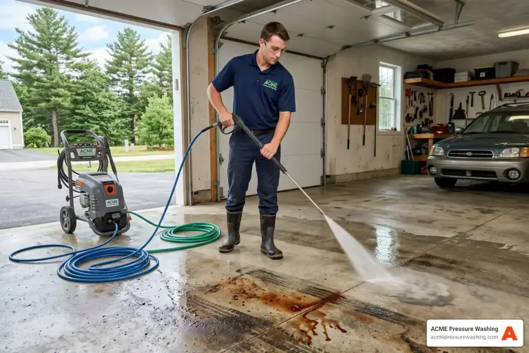 Man in navy ACME uniform power washing a garage floor with a pressure washer