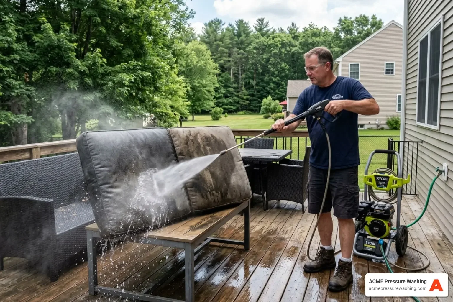 Man power washing outdoor patio cushions on a wooden deck