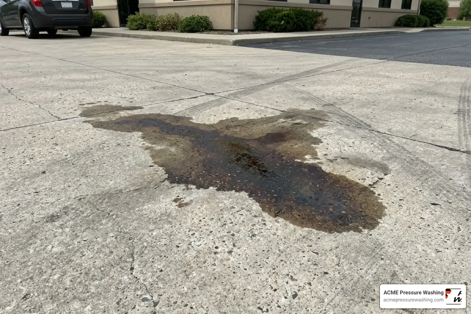 Dark oil stain on concrete parking lot surface