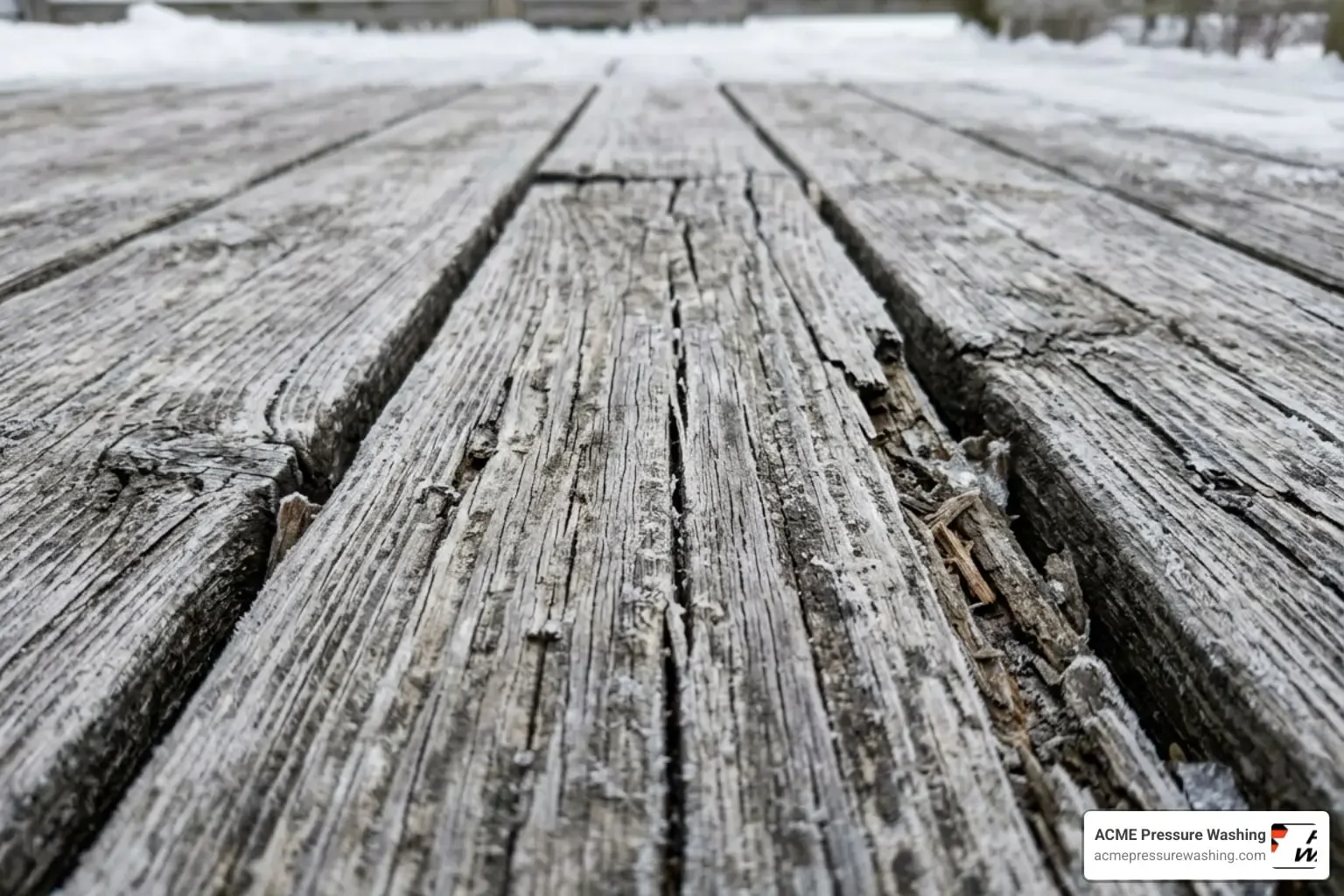 Close-up of weathered wooden deck boards with cracks and splintering