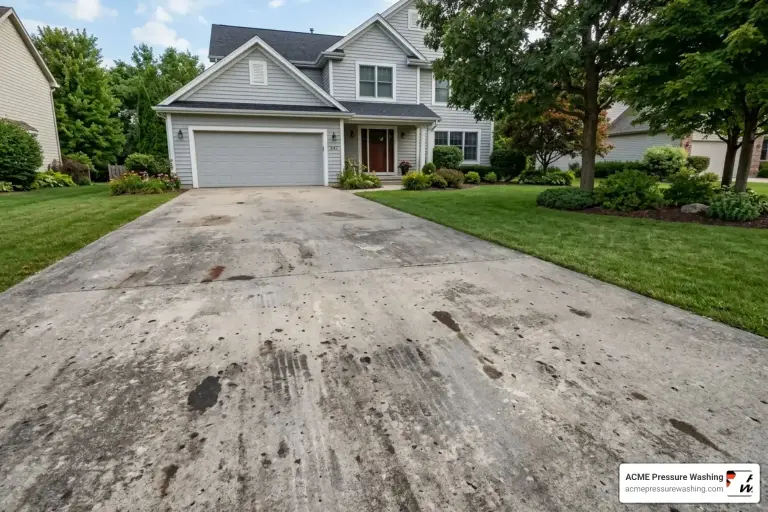 Two-story white house with dirty concrete driveway showing stains and discoloration