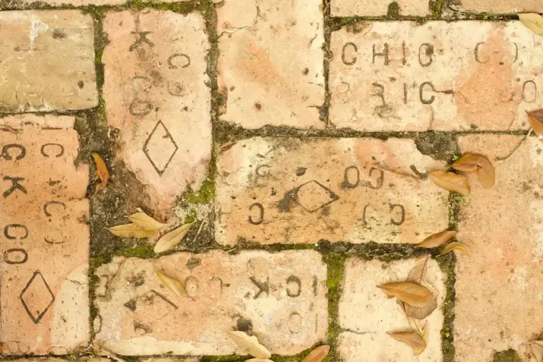 Weathered brick pavers with moss growth between joints and fallen leaves scattered across the surface
