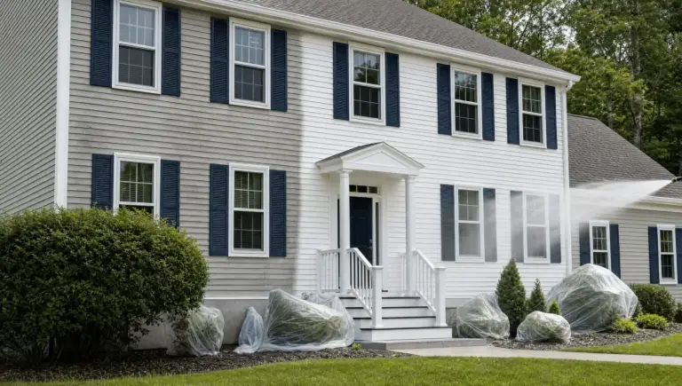 White colonial house with navy shutters and shrubs wrapped in protective plastic covering