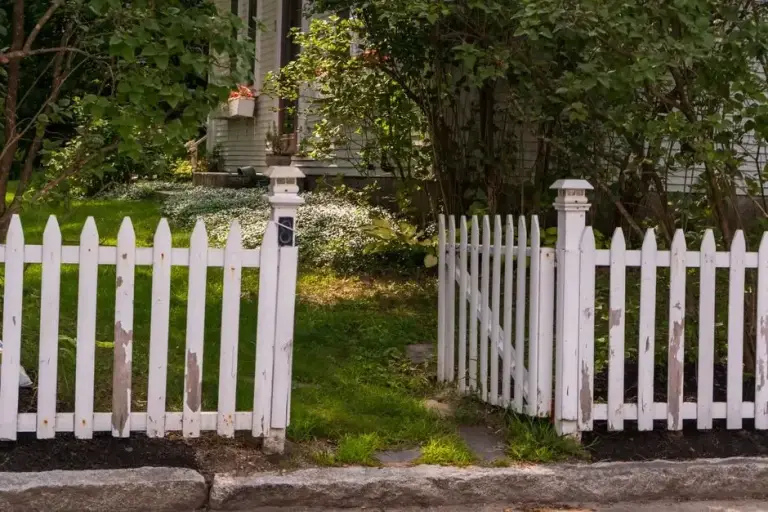 White picket fence with open gate leading to grass yard and ivy-covered house