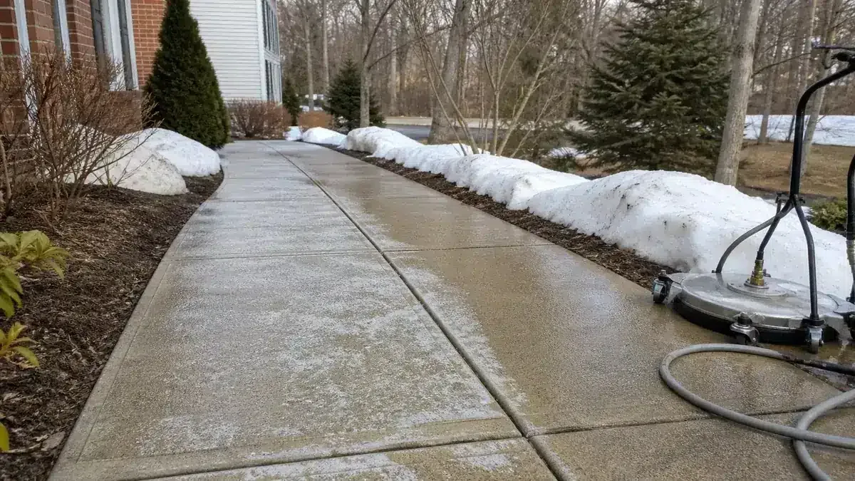 Concrete driveway being pressure washed with equipment visible and snow piled along the edges