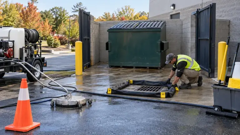 Technician setting drain containment before cleaning a commercial dumpster pad in Southern New Hampshire