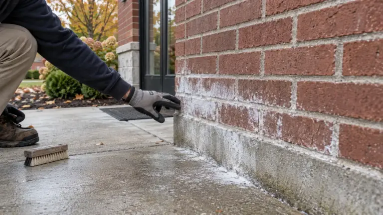 White efflorescence on exterior brick and concrete inspected in Southern New Hampshire